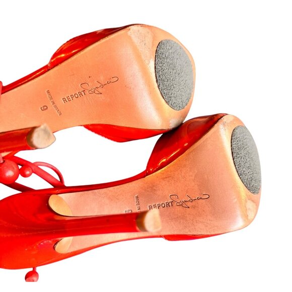 Report Signature Size 9 Red Strappy Peep-Toe Heels Gold Insole Stiletto - Picture 8 of 9